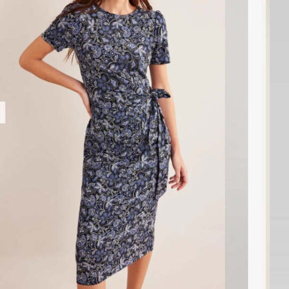 Boden Knot Front Jersey Midi Dress Blue White US 4 P 4P - Picture 1 of 16